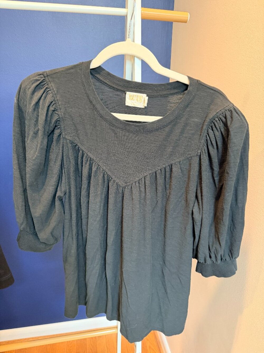 Nation shirt with slight puff to short sleeves
